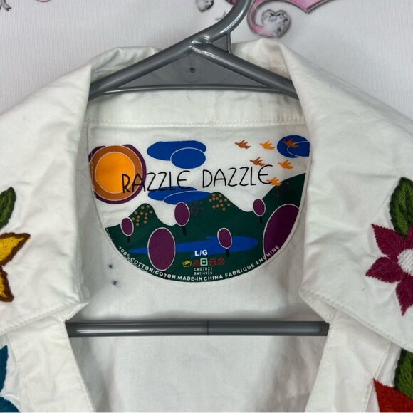 Razzle dazzle button up collared White Floral Embroidered Button-Down Shirt - Picture 5 of 8